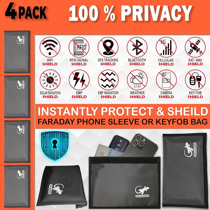 4 Faraday Bag Anti-Tracking GPS RFID Car Key Signal Blocker Wallet Shielding Pouch Protective Case for Cell Phone Car Key FOB, Data Privacy, Electronic Device Security (4 PACK - GRAY)
