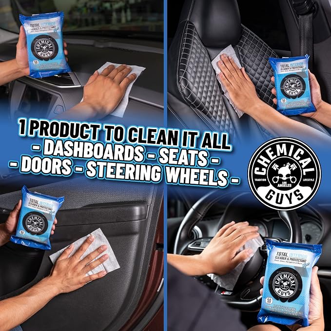 Total Interior Cleaner & Protectant Wipes – 50 Pack Multi Surface Car Interior Cleaning Wipes for Dashboards, Doors and Seats – Safe for Trucks, SUVs, RVs and Home Use