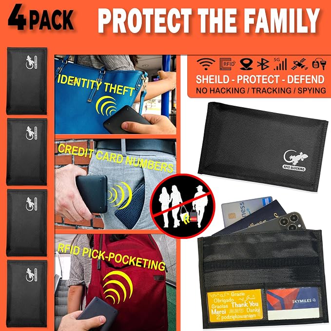Faraday Bag Anti-Tracking GPS RFID Car Key Signal Blocker Wallet Shielding Pouch Protective Case for Cell Phone Car Key FOB, Data Privacy, Electronic Device Security (4 PACK - BLACK)