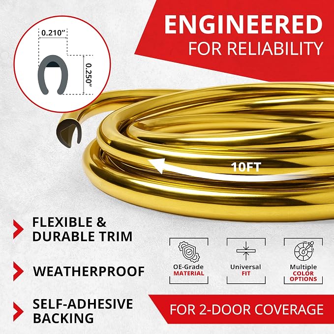 Car Door Edge Protector – Universal DIY Edge Trim to Prevent Scratches & Dings – Flexible Adhesive Molding Trim for Cars, Trucks & SUVs (10 Ft - Gold)