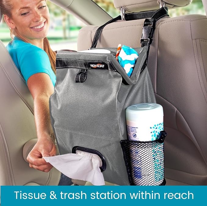Car Organizer with Car Trash Bin and Tissue Holder - Holds Full Size Tissue Box, Bottles and Wipe Containers - 2 Gal Leakproof Covered Trash Can with Push-Close Lid