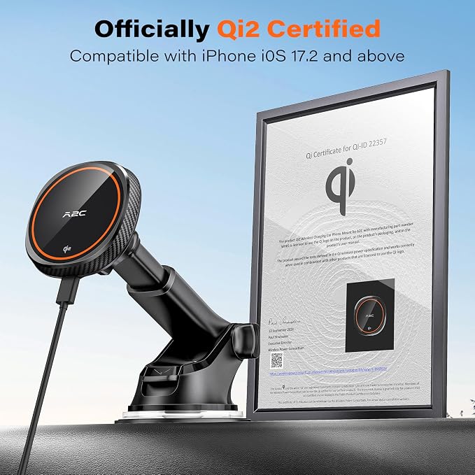 Magnetic Car Phone Mount - Designed Only for MagSafe iPhone 17-12 Series, Orange/Black Data Cable (Random)