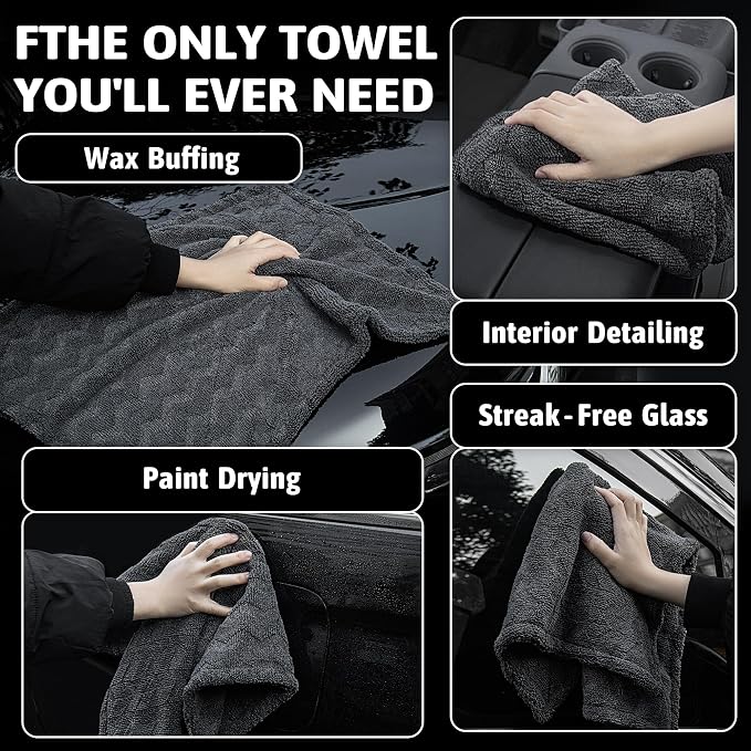 1000GSM Car Drying Towel 18"x24", Edgeless Double Twist Pile, Ultra Absorbent Microfiber Towel, Scratch-Free Lint-Free Streak-Free for Auto Detailing & Car Wash – Check Silver&Grey