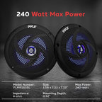 Pyle Waterproof Marine Speakers, 6.5 Inch Low-Profile Slim Mount 240 Watt Speaker Pair with Built-in Blue LED Lights, Weather-Resistant, ABS Grille, Ideal Waterproof Speaker for Boats & Powersports