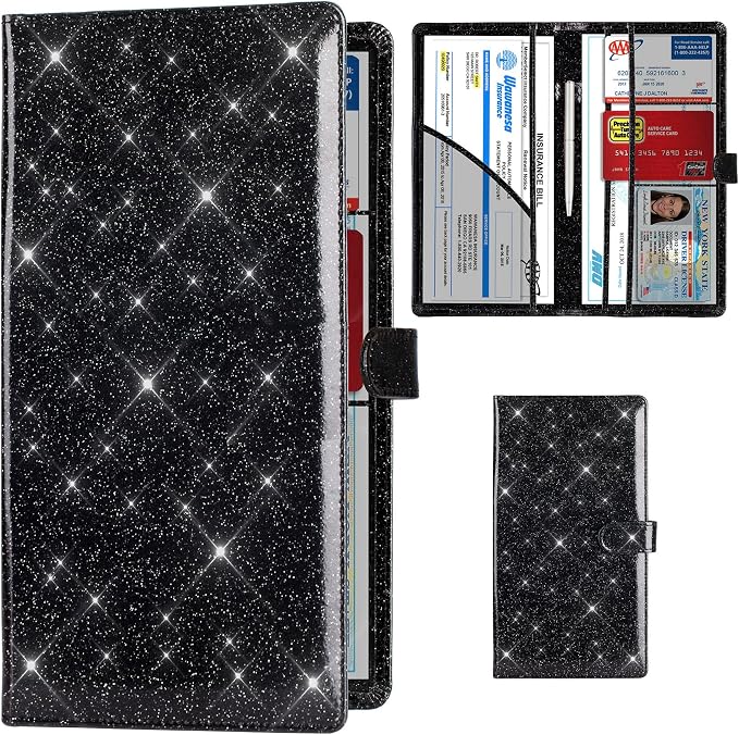 Car Registration and Insurance Card Holder, Vehicle License Document Glove Box Compartment Organizer, Interior Car Accessories for Women Men (Glitter Black)
