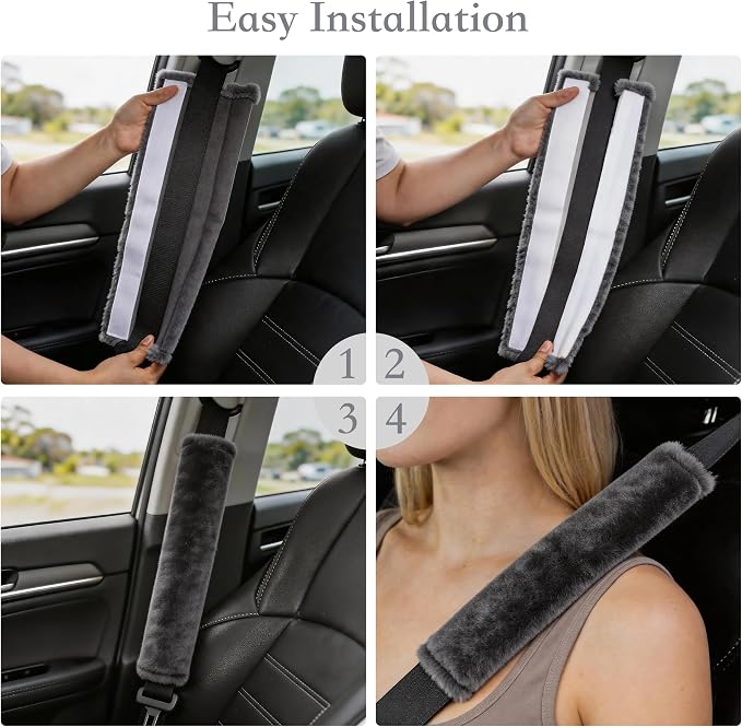 Soft Faux Fur Universal Fit Seatbelt Cover Car Truck SUV Airplane Seat Belt Shoulder Pad for Carmera Backpack Straps Neck Cushion Protector 2 Pack 10.5in Dark Gray
