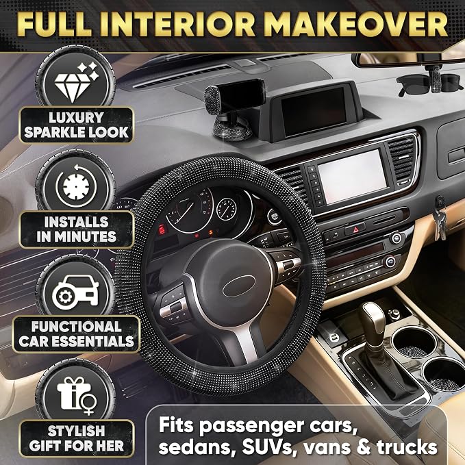 Black Bling Car Accessories Set - 27 Pieces Car Interior Kit with Rhinestone Steering Wheel Cover, Diamond License Plate Frame, Phone Holder, Coaster & Hook, Great Gift for Drivers