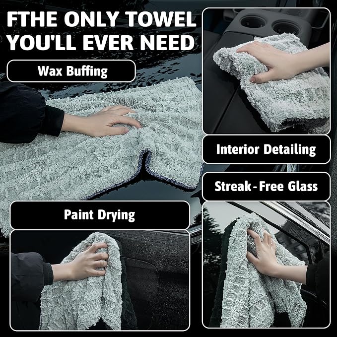 1000GSM Car Drying Towel 18"x24", Edgeless Double Twist Pile, Ultra Absorbent Microfiber Towel, Scratch-Free Lint-Free Streak-Free for Auto Detailing & Car Wash – Check Silver&Grey