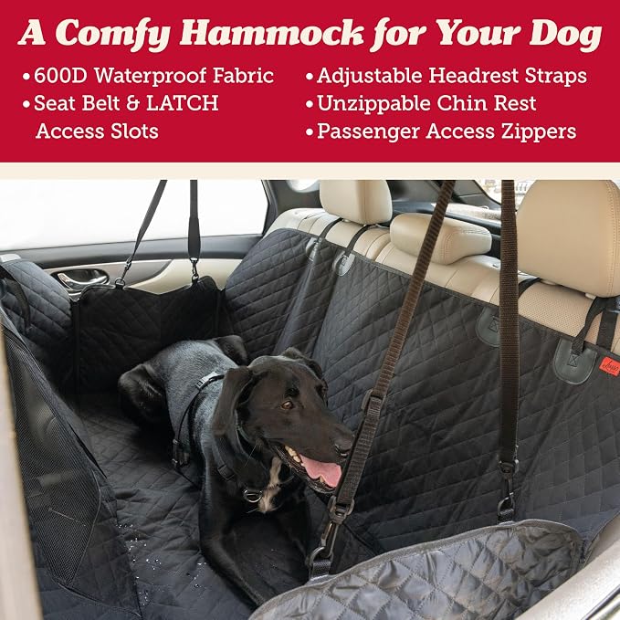 Dog Car Seat Cover for Back Seat - 100% Waterproof Dog Hammock - Padded Headrest and Mesh Window - Passenger Compatible Rear Car Seat Cover - Fits Trucks, SUVs, Cars