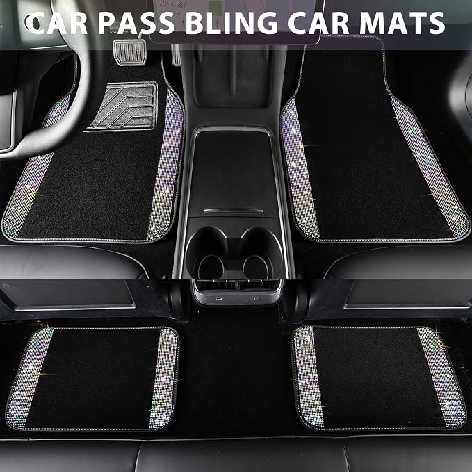 Iridescent Bling Rhinestones Diamond Car Floor Mats Waterproof, Anti-Slip PVC Heel Pad, Universal for Automotive SUV,Sedan,Van,4pcs Girl Women Lady Sparkly Shining Multicolor Colorful Crystal