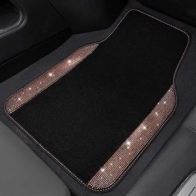 Bling Rhinestone Diamond Car Floor Mat, Crystal Sparkly Shining Glitter Carpet Waterproof Anti-Slip PVC Heel Pad, Universal for Interior Auto SUV,Sedan,Van,4pcs Girl Women Men, Champagne Gold