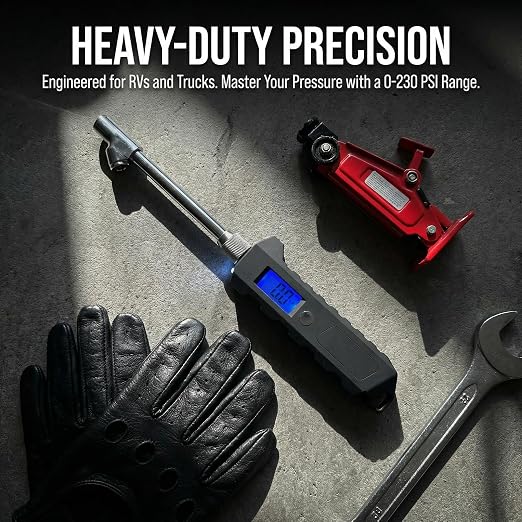 Digital Tire Pressure Gauge 230 PSI, Stainless Steel Dual Head Tire Gauge for Truck RV, Heavy Duty Tire Pressure Gauge with Backlit LCD and Flashlight for Easy and Accurate Reading
