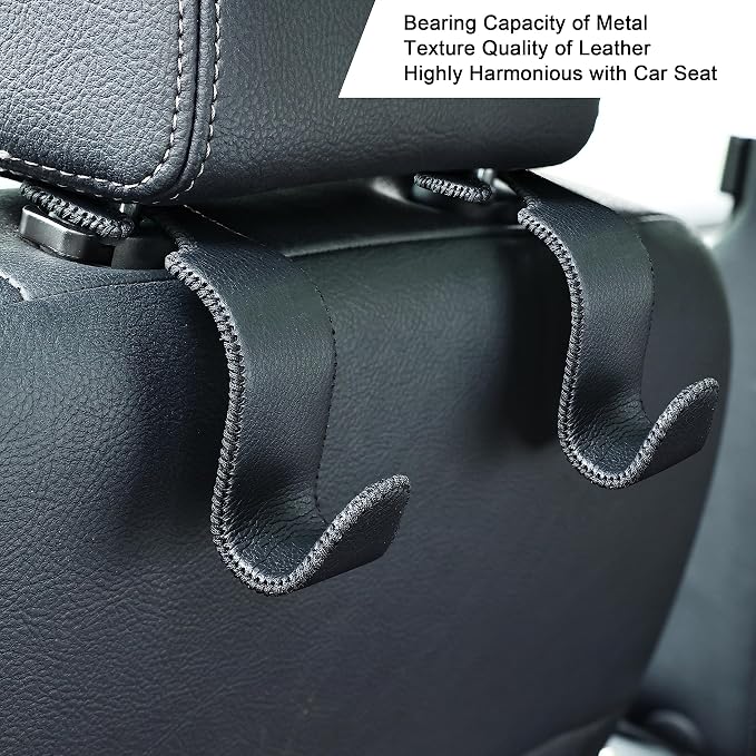 Car Seat Headrest Hook 4 Pack Metal Core Hanger Universal Car Storage Organizer for Handbag Purse Coat S Type Leather Black