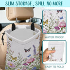 Car Garbage Bag Watercolor Butterfly Wildflower Drawstring Car Trash Bag Hanging for Back Seat with Adjustable Buckle Canvas Vehicle Trash Can Easy-to-Install