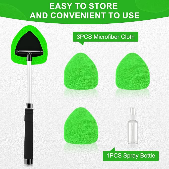 Windshield Cleaner Tool, Car Interior&Exterior Window Cleaning Tool with Extendable Handle & 4 Reusable Microfiber Pads, Auto Glass Wiper Brush Kit for Cars (Green)