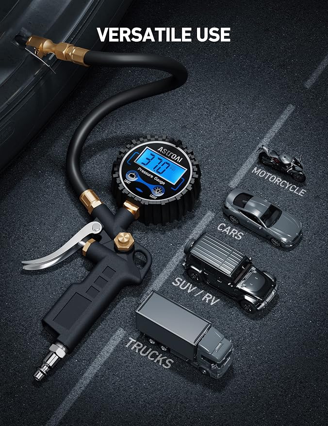 Digital Tire Pressure Gauge with Inflator, 3-250 PSI Air Chuck & Compressor Accessories Heavy Duty with Quick Connect Coupler, 0.1 Display Resolution, 1Pack Standard, with case