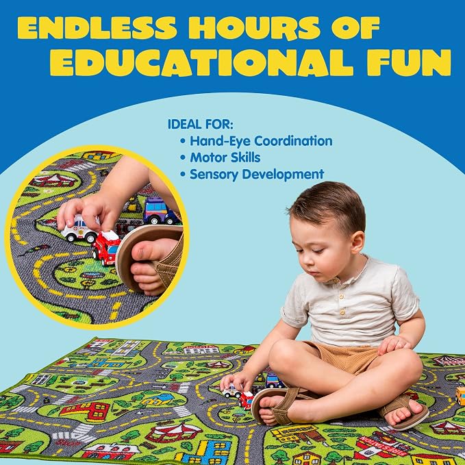 Kids Play Rugs - 12 Pull-Back Vehicle Set - Durable Carpet Playmat Rug - City Pretending Play - Toddler Car Track Rug