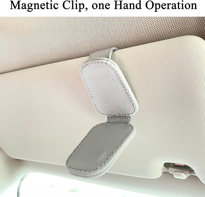 KIWEN Sunglasses Holders for Car Visor, Magnetic Leather Glasses Eyeglass Clip for Car, Ticket Card Clip Sunglasses Mount, Car Visor Accessories Gadgets (1, Grey)