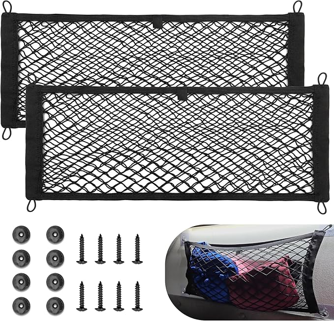 2 Pcs Universal Elastic Mesh Netting Car Pouch for Trunk RV Boats Home Cargo Storage with Screws and Hooks (23.6'' x 9.8'')