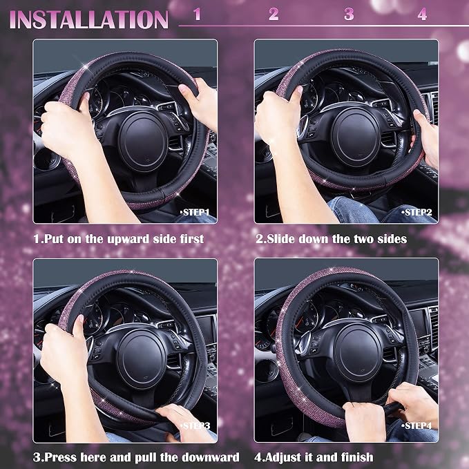 Bling Diamond Leather Steering Wheel Cover, Bling Sparkly Crystal Glitter Rhinestones Universal Fit 14" 1/2-15" Car Wheel Protect for Women Girl Fit Suvs,Vans,Sedans,Cars,Trucks, Pink Black