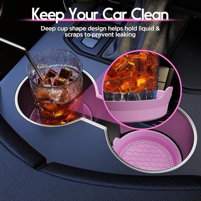 Car Cup Coaster Universal Non-Slip Cup Holders Bling Crystal Rhinestone Car Interior Accessories 4 Pack Pink