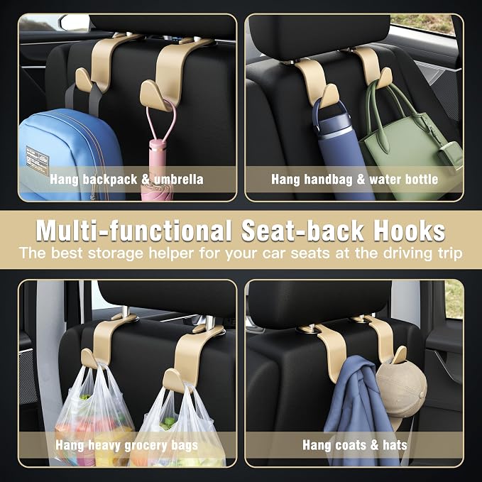4-Pack Car Headrest Hooks Vehicle Storage Organizer for Purses Handbags Groceries Coats –Holds 55lbs 360° Rotating Simple Design Beige