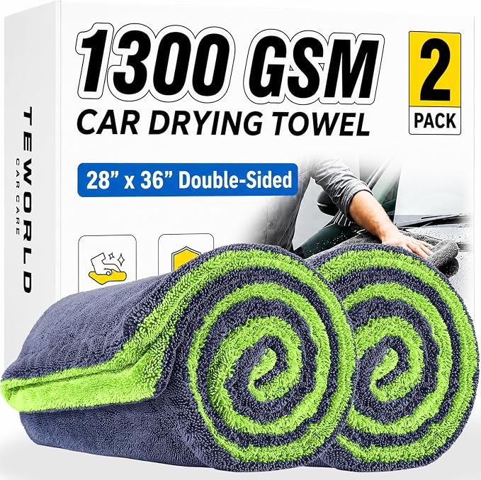 2-Pack Car Drying Towels, Large 36 x 28 Inch, 1300 GSM, Dual-Color | Twisted Loop Microfiber Towel for Cars - Absorbent Car Dry Towel and Car Wash Towel for Streak-Free, Paint-Safe Car Detailing