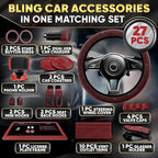 Red Bling Car Accessories Set, 27 Pieces Car Interior Set Including Steering Wheel Cover, Diamond License Plate Frame, Phone Holder, Coasters, Hooks, Great Gift for Women Drivers