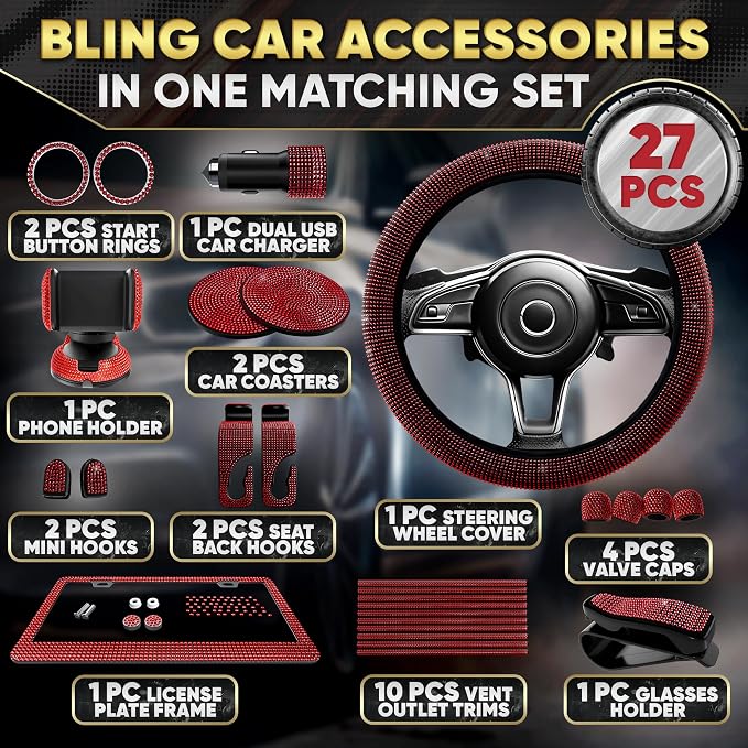 Red Bling Car Accessories Set, 27 Pieces Car Interior Set Including Steering Wheel Cover, Diamond License Plate Frame, Phone Holder, Coasters, Hooks, Great Gift for Women Drivers