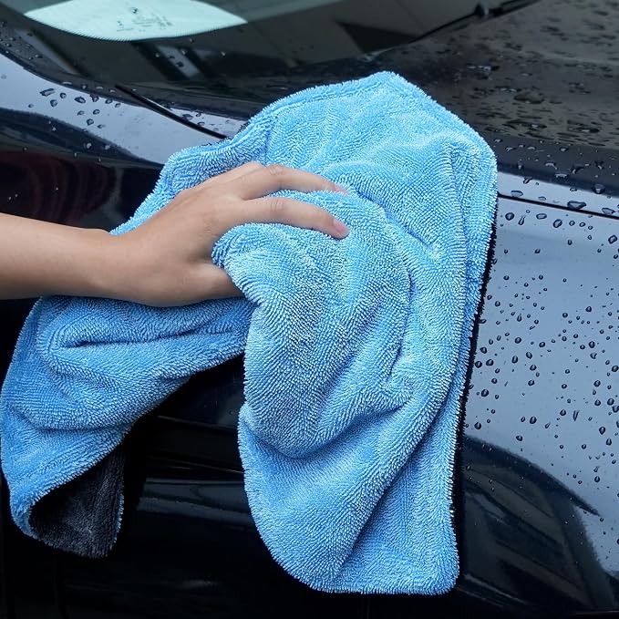 1000GSM Car Drying Towel 18"x24", Edgeless Double Twist Pile, Ultra Absorbent Microfiber Towel, Scratch-Free Lint-Free Streak-Free for Auto Detailing & Car Wash – Blue&Grey