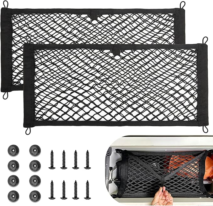 Universal Cargo Net Pocket Elastic Netting Car Mesh Pouch for Trunk RV Boats Home Cargo Storage with Screws and Hooks (21.7'' x 9.8'')