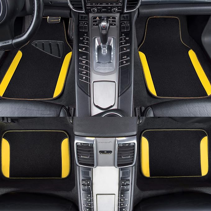 Waterproof Universal Fit Car Floor Mats, Car Mats Fit for SUV,Vans,sedans, Trucks,Set of 4pcs Car Carpet with Driver Heel Pad (Black and Yellow)