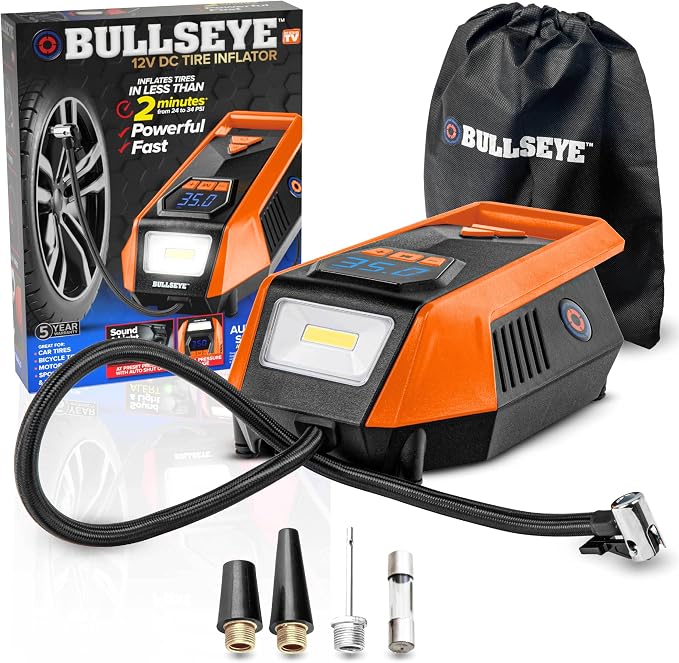 Bullseye 12V DC Car Tire Inflator Portable Air Compressor - Rapid 2 Minute Inflation, Auto Shut-Off, Max 150 PSI, Easy Cord Storage, Digital Pressure Gauge, LED Display (Orange) - As Seen on TV