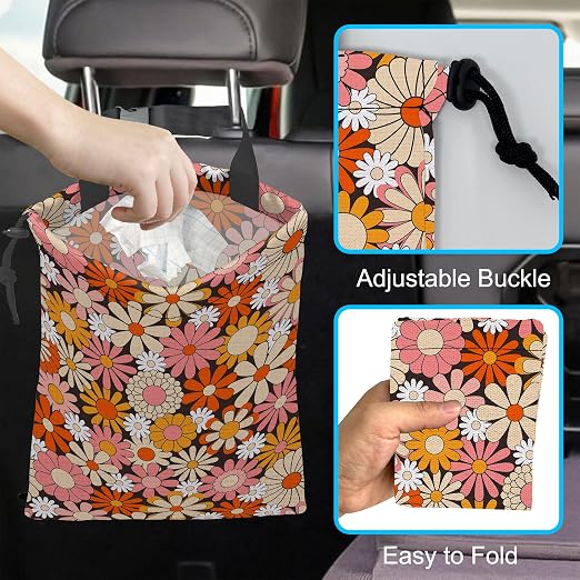 Car Trash Bag Vintage Groovy Flowers Car Garbage Bag Hanging Car Trash Can