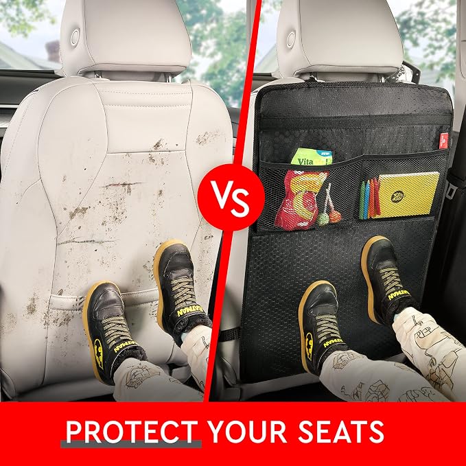Back Seat Protector for Car, 2 Pack Premium Kick Mats for Kids, Extra Large Car Seat Cover for Backseat with Mesh Pockets, Waterproof Dirt & Mud Protection, Black
