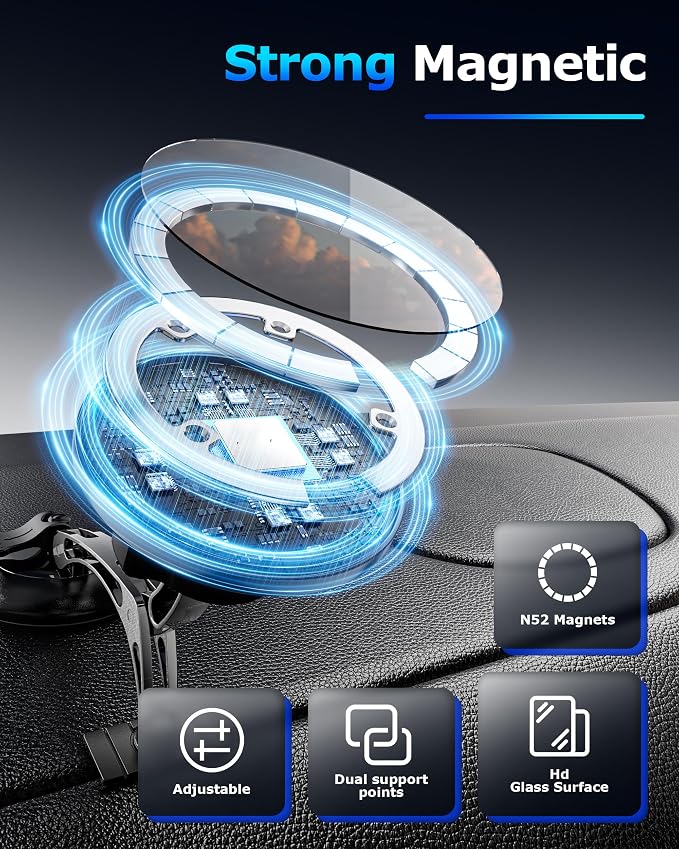 Magnetic Phone Holder for iPhone MagSafe Car Mount, Vacuum 360°Adjustable Car Phone Holder（Dashboard & Windshield） Magnet Cell Phone Holder Mount for iPhone 17/16/15/14/13 Android Galaxy