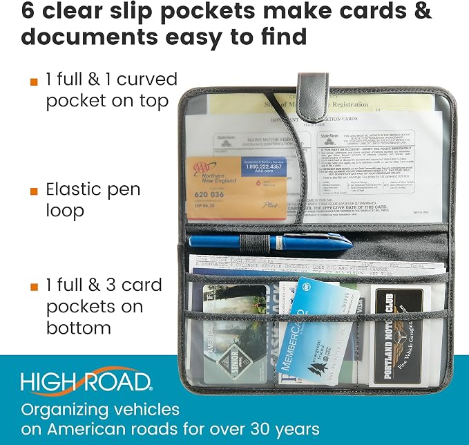 Car Document Holder - Registration and Insurance Card Holder and Car Visor Organizer with 6 Clear Pockets and Pen Loop for Driving Documents, Cards and Paperwork