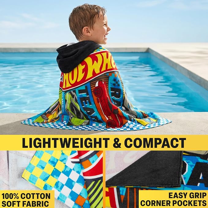 Hot Wheels Cars Bath Towels with Hood for Boys, Ages 2-6, One Size Soft and Absorbent Hooded Cotton Beach Towel Wrap, Swimming Pool Poncho, Gifts for Boys (Multi Hot Wheels)