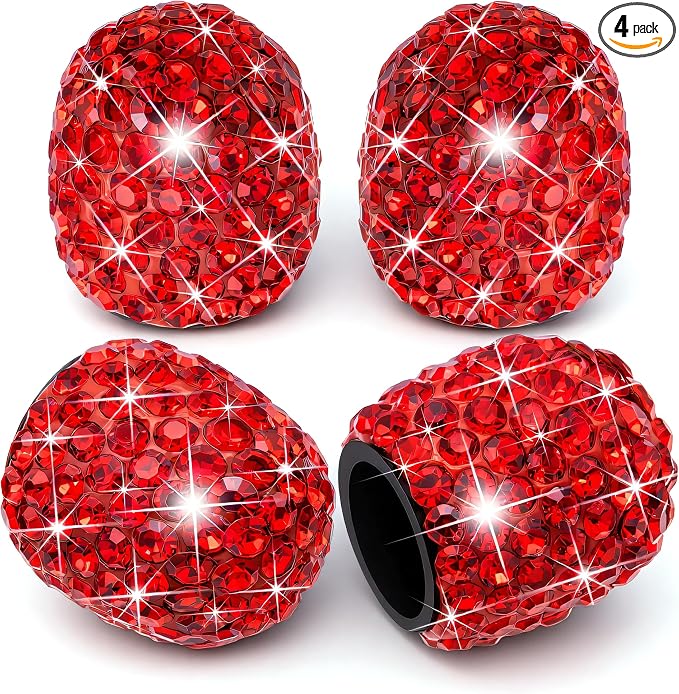 4PCS Bling Crystal Diamond Tire Stem Valve Caps, Dustproof Car Wheel Tire Valve Caps Universal Tire Valve Stem Covers for Cars, SUV, Trucks, Bikes, Motorcycles, Bicycles (Red)