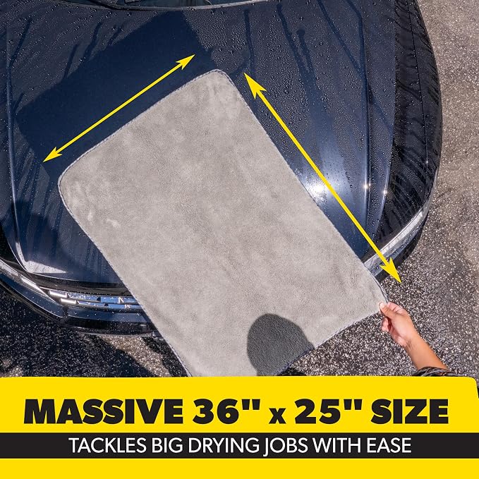Woolly Mammoth Large Microfiber Drying Towel - 36 x 25 Inch Gray, Ultra Plush Super Absorbent Car Drying Towel for Cars, Trucks, SUVs, Motorcycles, RVs, and Auto Detailing
