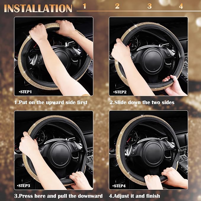 Rhinestones Diamond Bling Steering Wheel Cover, Universal Fit for SUV,Vans,Sedan,Car,Truck 14.5-15inch Universal Fit (Golden) Crystal Glitter for Women Sparkle Girly Sparkling Gold Shining