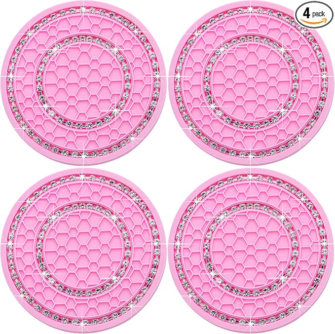 4PCS Bling Crystal Rhinestone Cup Holder Coaster, 2.75 inch Soft Silicone Anti-Slip Shockproof, Car Cup Holder Insert Coasters, Universal Car Interior Accessories for Women (Pink & White)