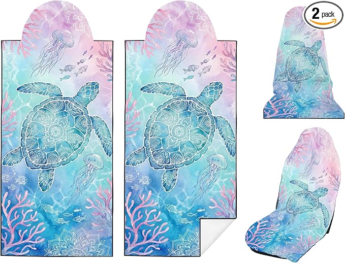 2 Pack Car Seat Towel Covers, Sweat-Proof Microfiber Seat Protectors for Gym, Running, Beach & Workout, Breathable Quick-Dry, Machine Washable, Coral Sea Turtle Print, Universal Fit