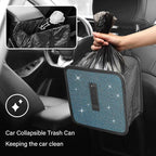 Foldable Trash Cans with Rhinestone, Bling Car Bin for Seat Organizer & Decorations, Universal Bling Accessories for Most Cars, SUVs, Trucks (Blue)