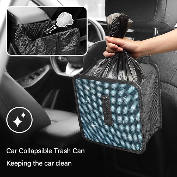 Foldable Trash Cans with Rhinestone, Bling Car Bin for Seat Organizer & Decorations, Universal Bling Accessories for Most Cars, SUVs, Trucks (Blue)