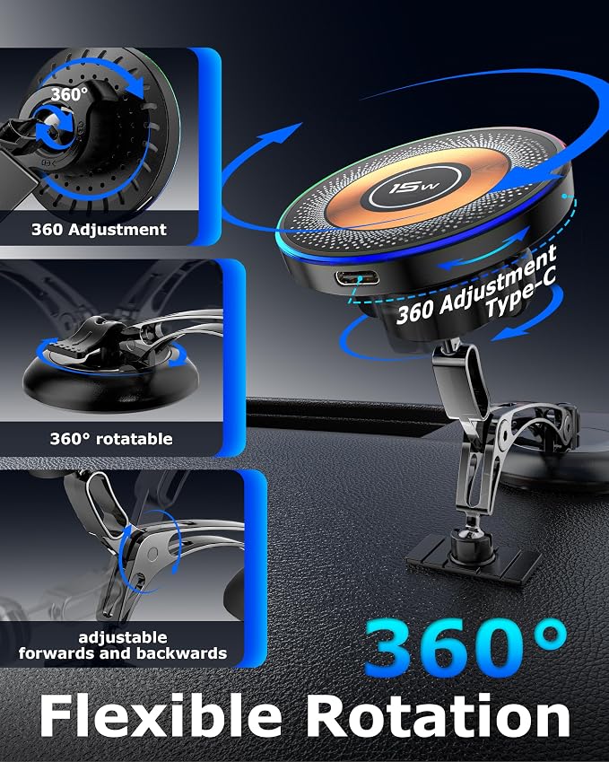 Magnetic Wireless Charging Car Phone Holder with 15W Fast Charging & Strong Vacuum Suction, 360° Rotatable Dashboard & Windshield Mount for Magsafe iPhone 17/16/15/14/13 Android Galaxy S24/S23/S22