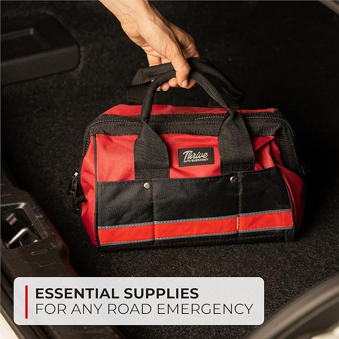Car Emergency Kit & Roadside Emergency Car Kit - 104-Piece Set, Red Canvas Bag, Universal Fit - Jumper Cables, Escape Hammer & Tire Gauge - Road Trip Essentials & Emergency Supplies