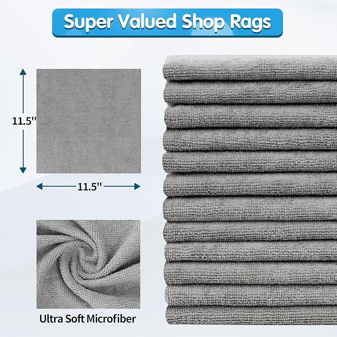 Shop Towels, Pack of 100, Grey Microfiber Cleaning Cloth Bulk, Microfiber Towels for Cars, All-Purpose Absorbent Cleaning Rags, Dust Cloth for Automotive, Mechanic, Garage, 11.5 x 11.5 inch