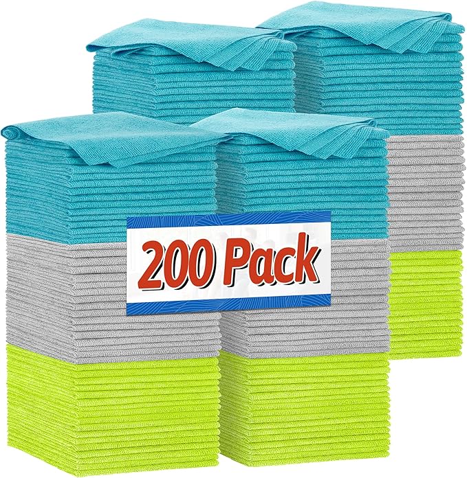 Shop Towels, Microfiber Cleaning Cloth Bulk, 200 Pack Microfiber Towels for Cars, All-Purpose Absorbent Cleaning Rags, Dust Cloth for Automotive, Mechanic, Garage, Bar, 11.5 x 11.5 inch