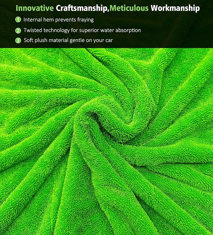 2-Pack 16"x16" Car Detailing Drying Towels, 1400 GSM Microfiber Drying Towels, for Final Water Chasing, Safe Drying of Gaps, Mirrors & Vehicle Interiors, Green